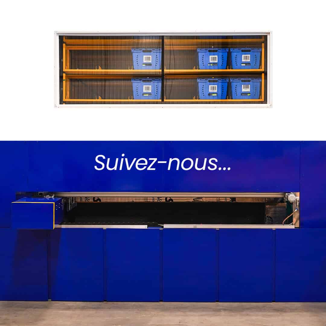 STIX-Post-2026_02FEV-LinkedinKickOff-Teaser1A-FR-1080x1080 Associé d’épicerie chargeant les commandes dans un véhicule à l’aide des bacs bleus Storix.